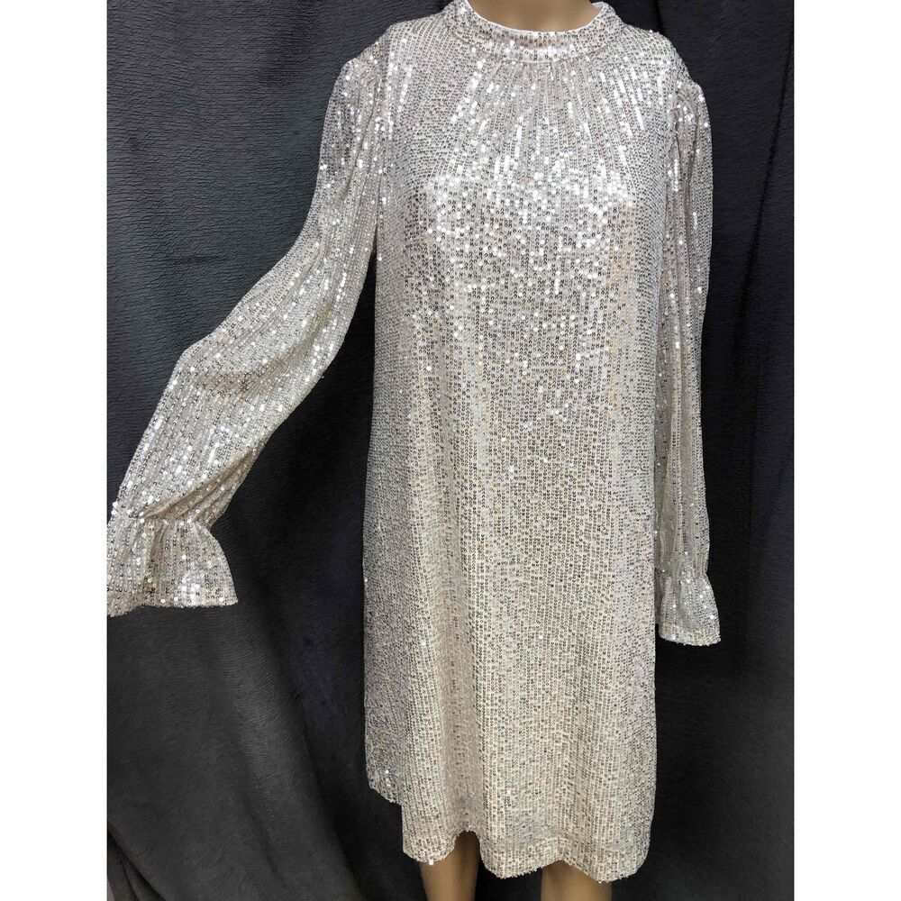 Julia Jordan Beige Long Sleeve Sequined High Neck Dress Womens Size 10